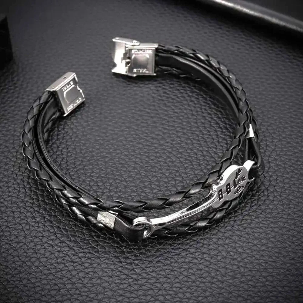 Leather Bracelet Guitar wrist Edgy Rock Bangle Stainless Black Stylish Music NEW